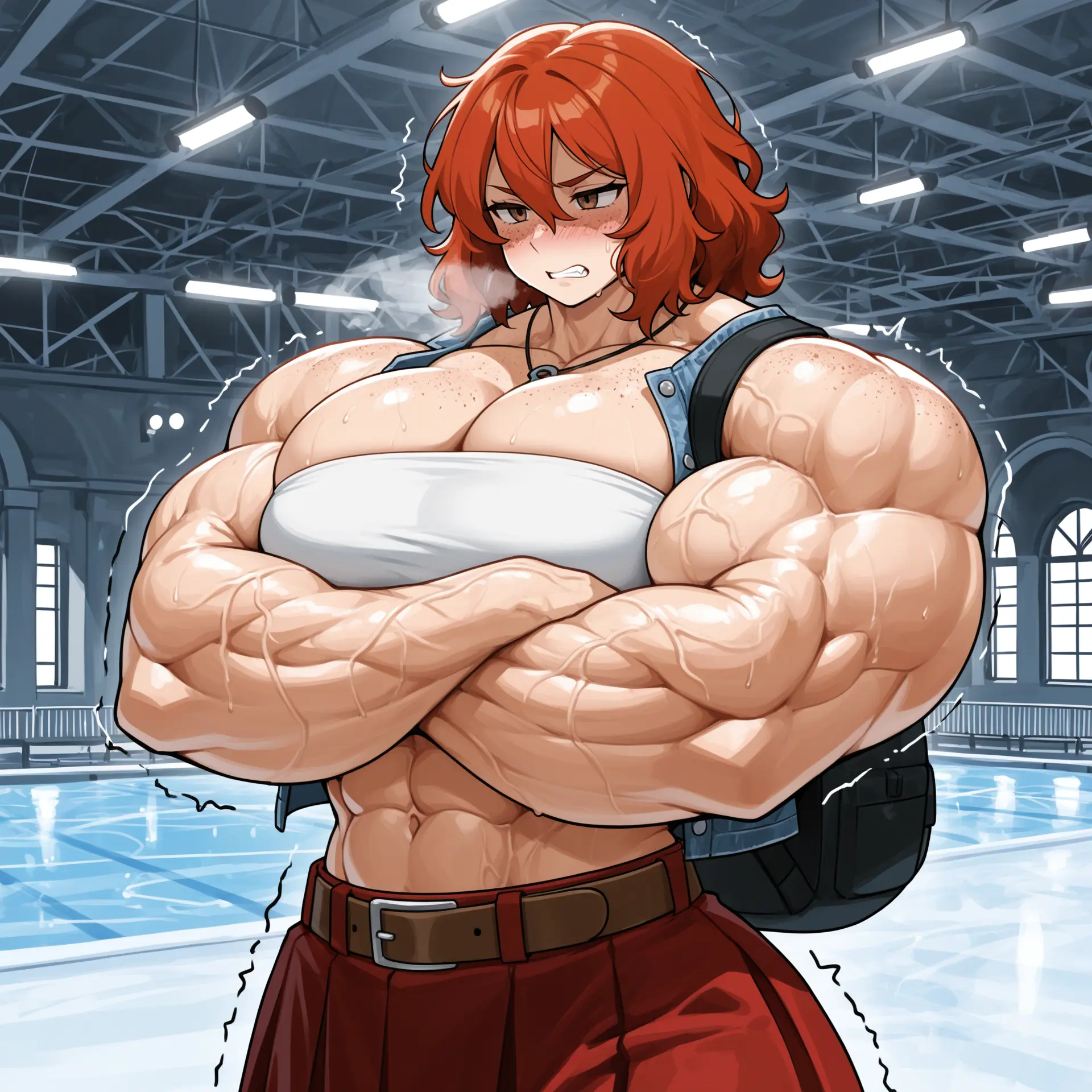 Image: Amy freezing, arms crossed, Ice gym background